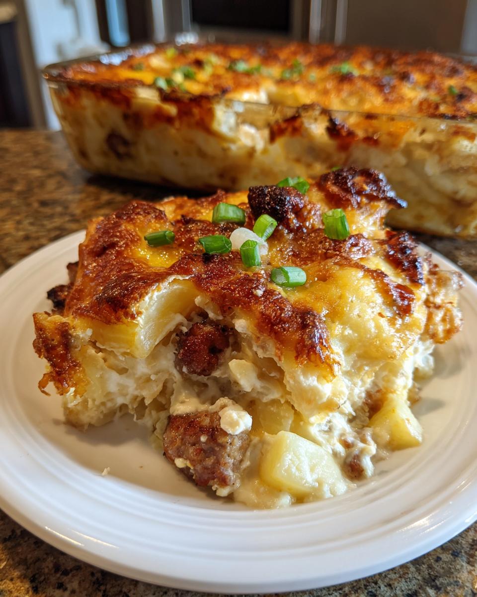 A close-up serving of creamy pierogi casserole topped with browned cheese and green onions, with the baking dish in the background.