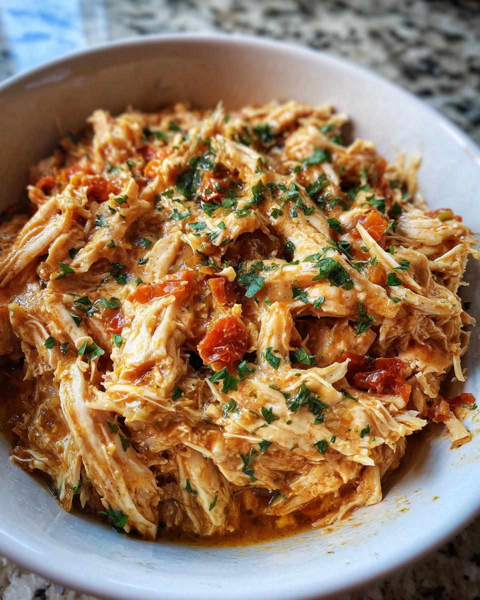 Close-up of shredded crockpot marry me chicken coated in a creamy sauce with sun-dried tomatoes and fresh parsley.