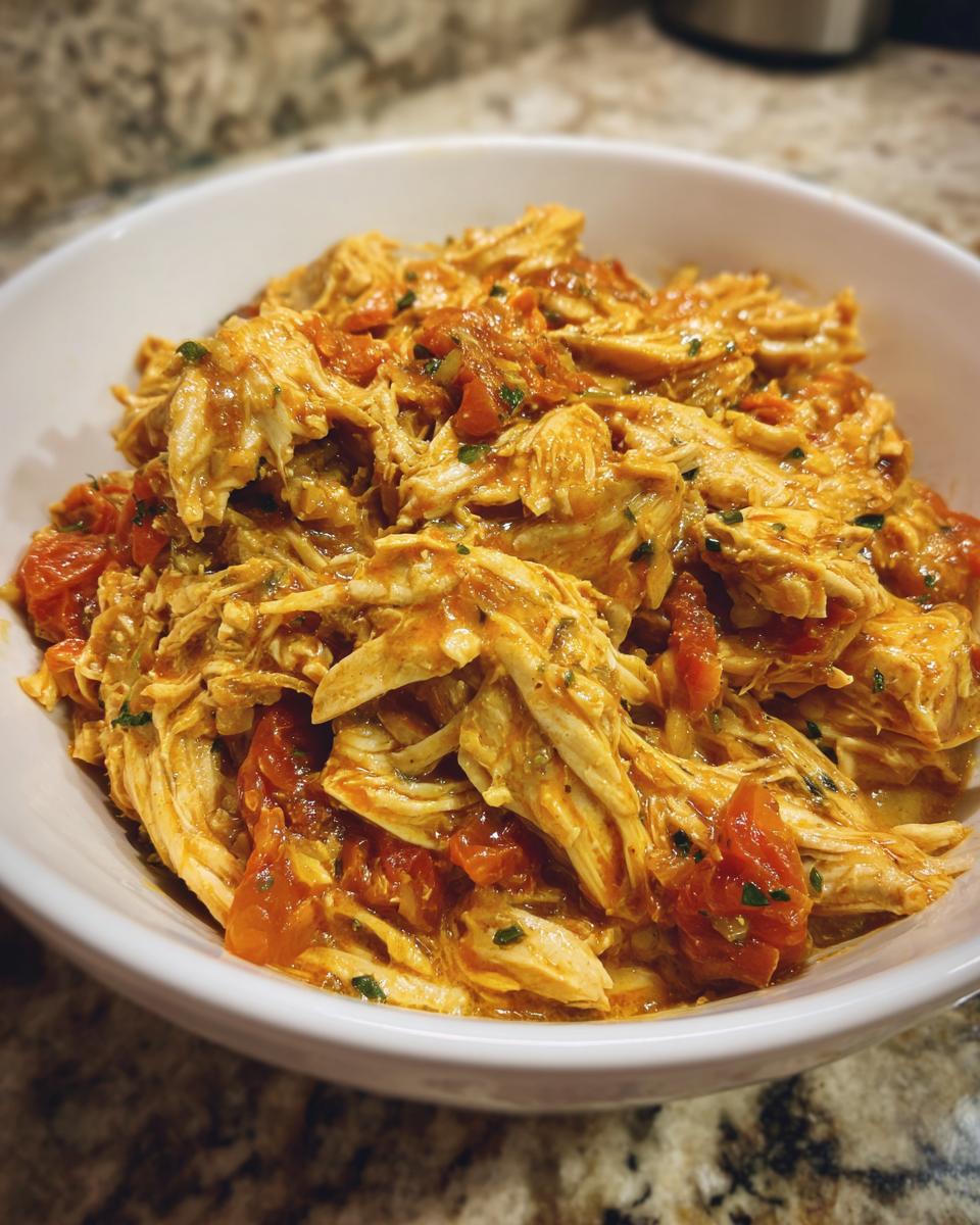 Close-up of shredded crockpot marry me chicken mixed with diced tomatoes and herbs in a white bowl.