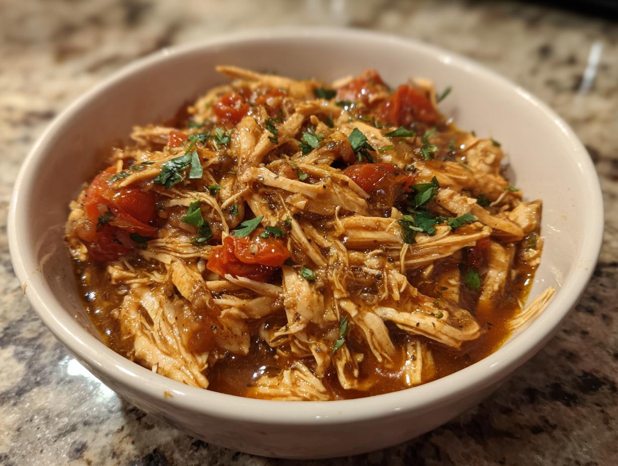 Close-up of shredded crockpot marry me chicken served in a white bowl, topped with tomatoes and parsley.