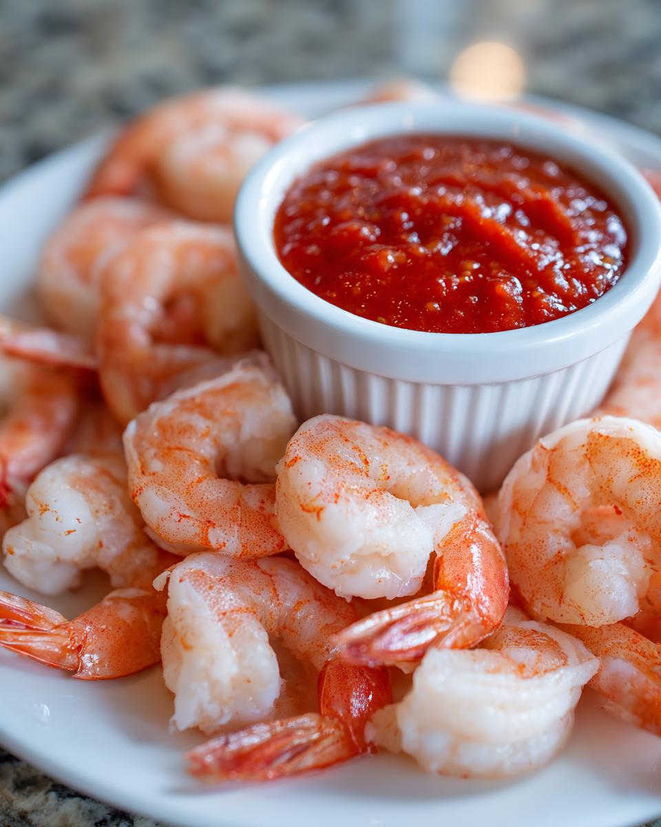Close-up of chilled, cooked shrimp arranged around a small white bowl of bright red cocktail sauce for shrimp cocktail.