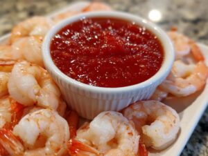 Close-up of cooked shrimp surrounding a small white bowl of bright red cocktail sauce for an amazing shrimp cocktail.