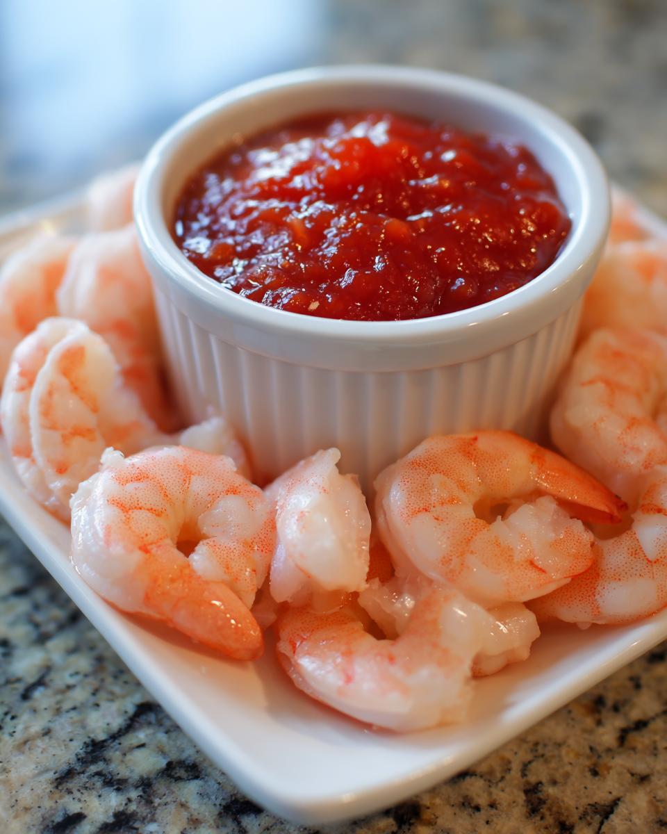 Plump, chilled shrimp arranged around a white ramekin of bright red cocktail sauce for a classic shrimp cocktail.