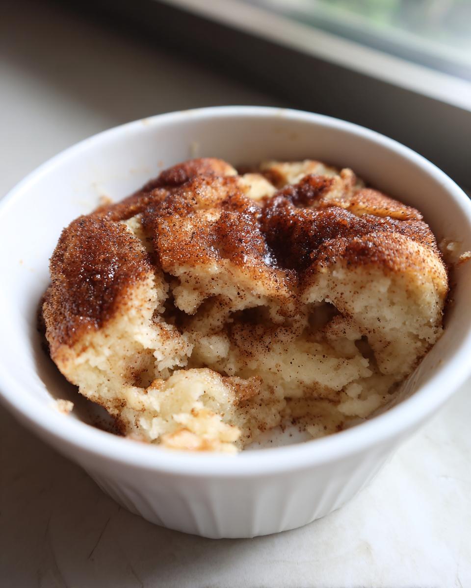 Close-up of a warm, gooey snickerdoodle cobbler topped with cinnamon sugar in a white ramekin.