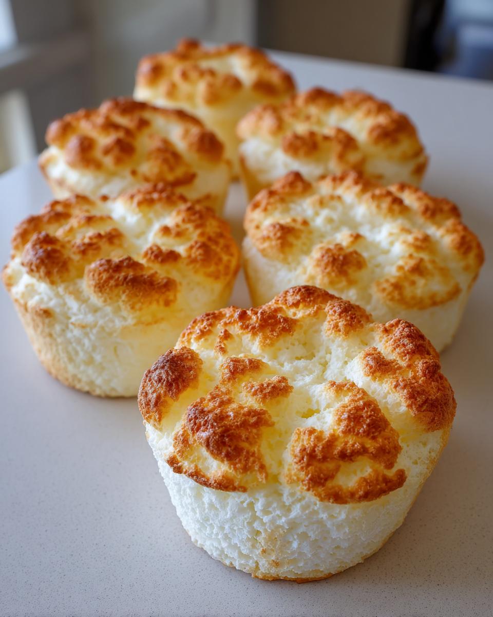 Six freshly baked, individual portions of keto cloud bread with golden-brown tops.