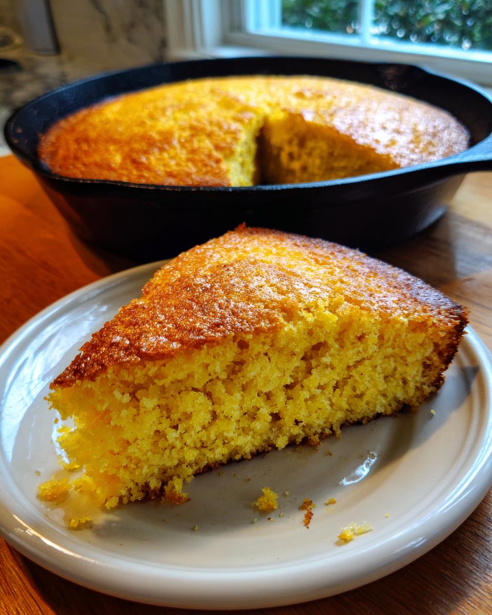 A close-up of a golden slice of skillet cornbread served on a white plate, with the rest of the cornbread visible in the cast iron skillet behind it.