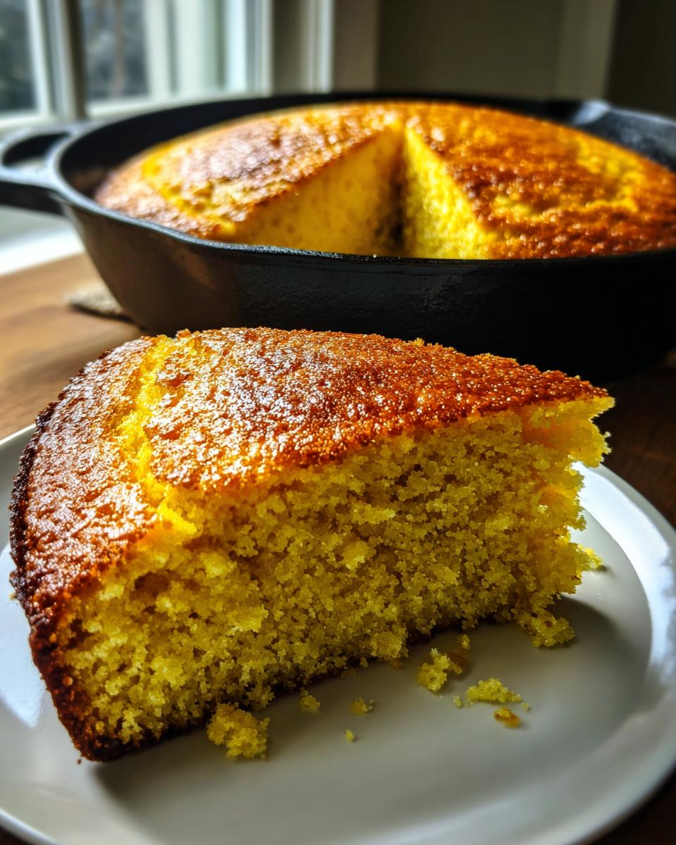 A slice of golden yellow skillet cornbread with a perfect crust served on a white plate, with the rest of the cornbread in the cast iron skillet behind it.