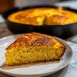 A slice of golden yellow skillet cornbread with a dark, caramelized crust, served on a white plate.