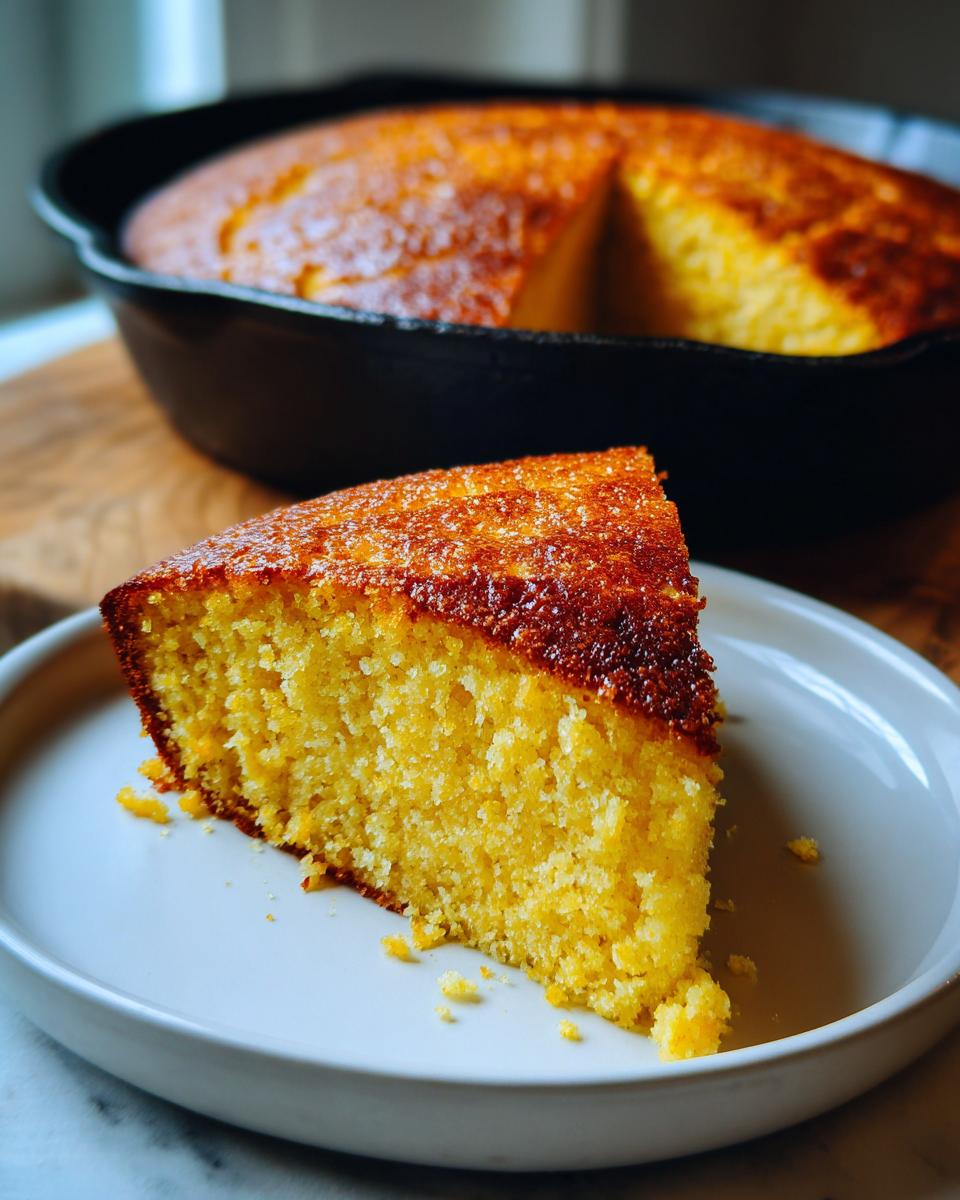 A close-up of a slice of moist, yellow skillet cornbread with a dark, caramelized crust on a white plate.