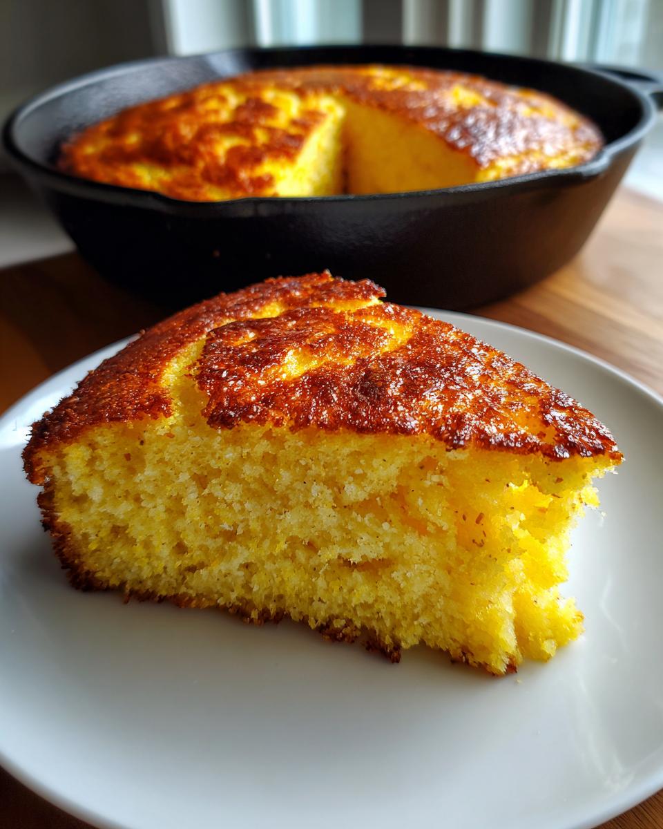 A close-up slice of golden yellow skillet cornbread with a dark, crispy crust served on a white plate.