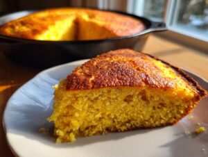 A close-up slice of golden skillet cornbread served on a white plate, with the rest of the cornbread in the cast iron skillet blurred in the background.