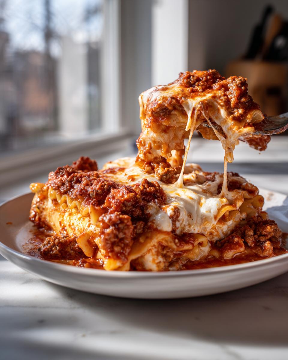 A fork lifts a cheesy, saucy piece of skillet lasagna, showing long cheese pulls over the main serving.