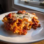 A hearty serving of skillet lasagna with rich meat sauce, melted cheese, and parsley garnish.
