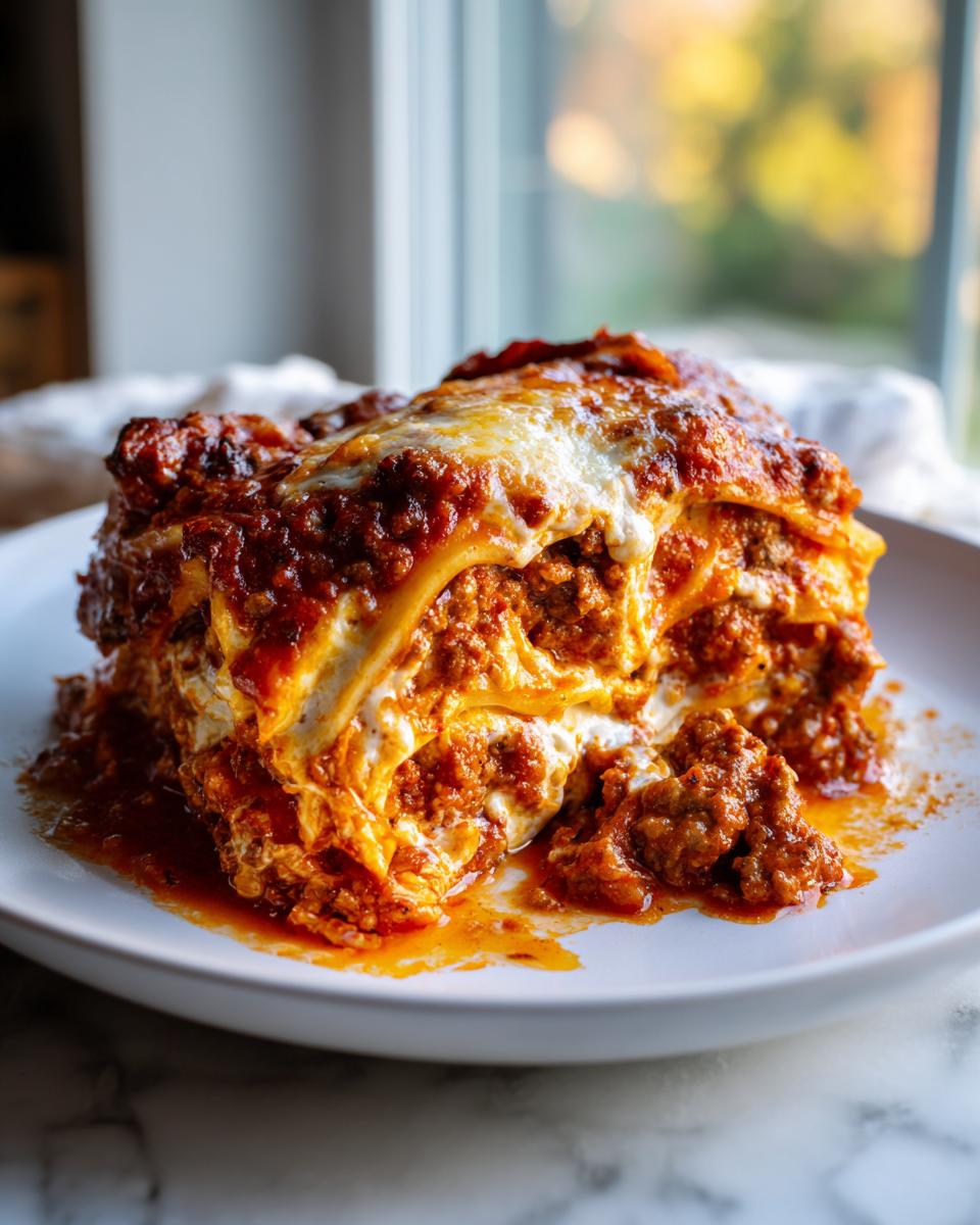 A generous, layered slice of rich skillet lasagna topped with melted cheese and meat sauce, served on a white plate.