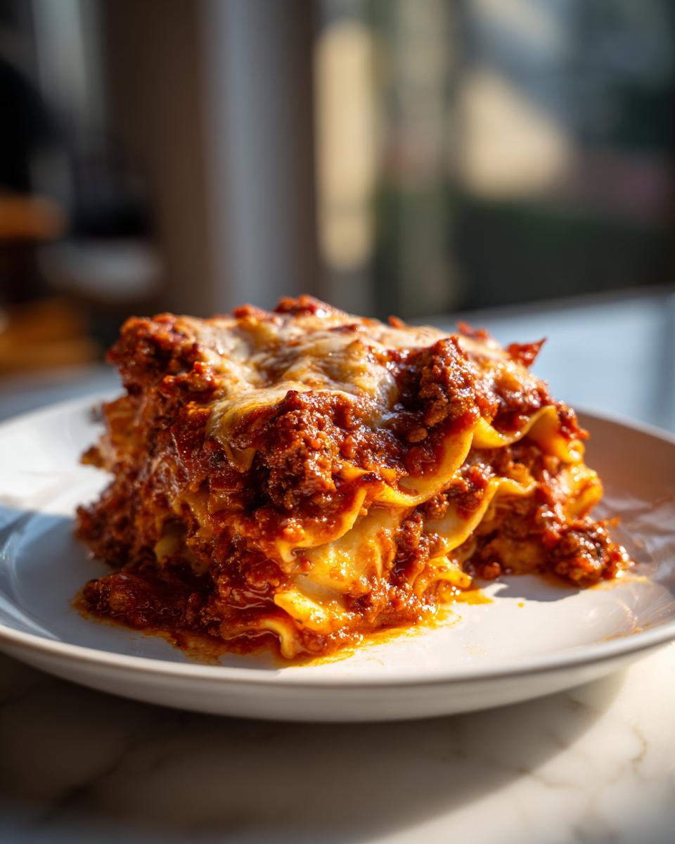 A generous slice of rich, cheesy skillet lasagna with layers of pasta and meat sauce on a white plate.