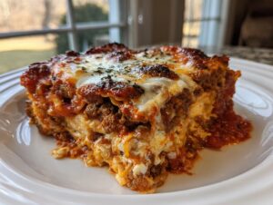 A generous, cheesy slice of skillet lasagna with browned cheese topping served on a white plate.