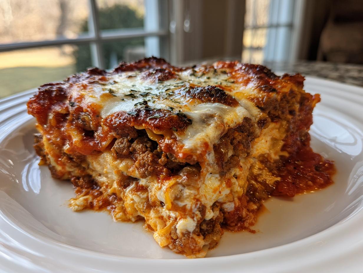 A generous, cheesy slice of skillet lasagna with browned cheese topping served on a white plate.