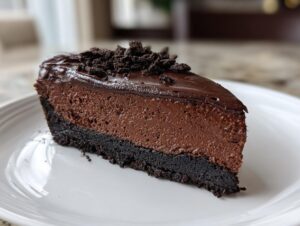 A decadent slice of chocolate cheesecake featuring a dark crust, thick mousse filling, and chocolate ganache topping sprinkled with crumbs.