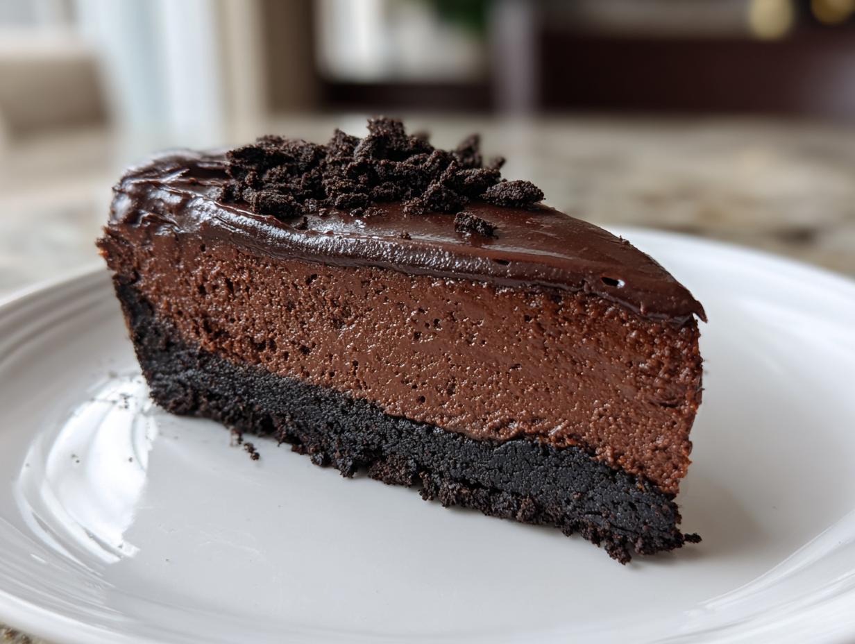 A decadent slice of chocolate cheesecake featuring a dark crust, thick mousse filling, and chocolate ganache topping sprinkled with crumbs.