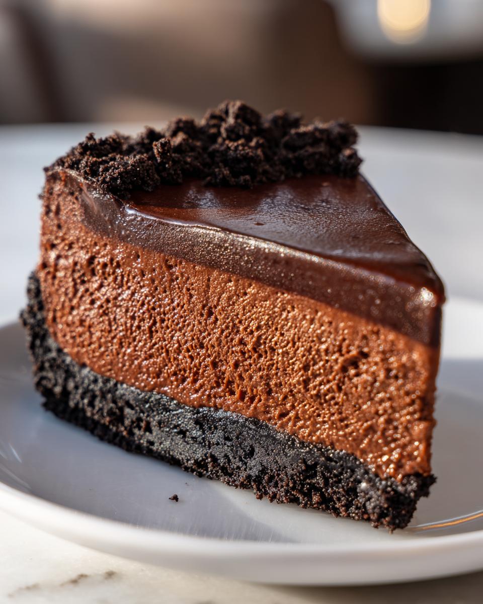 A decadent slice of chocolate cheesecake with a dark crust, mousse filling, and chocolate ganache topping.