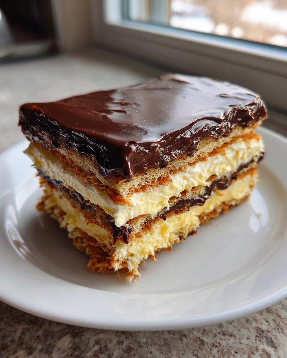 A layered slice of chocolate eclair cake featuring graham crackers, vanilla pudding, and a glossy chocolate topping.