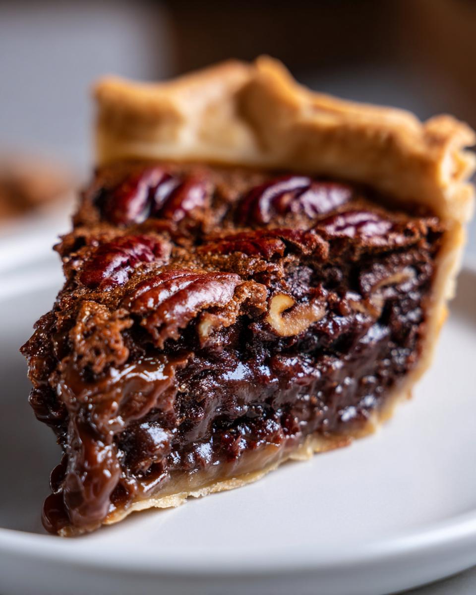 Close-up of a rich, gooey slice of chocolate pecan pie showing the dark filling and whole pecans on top.