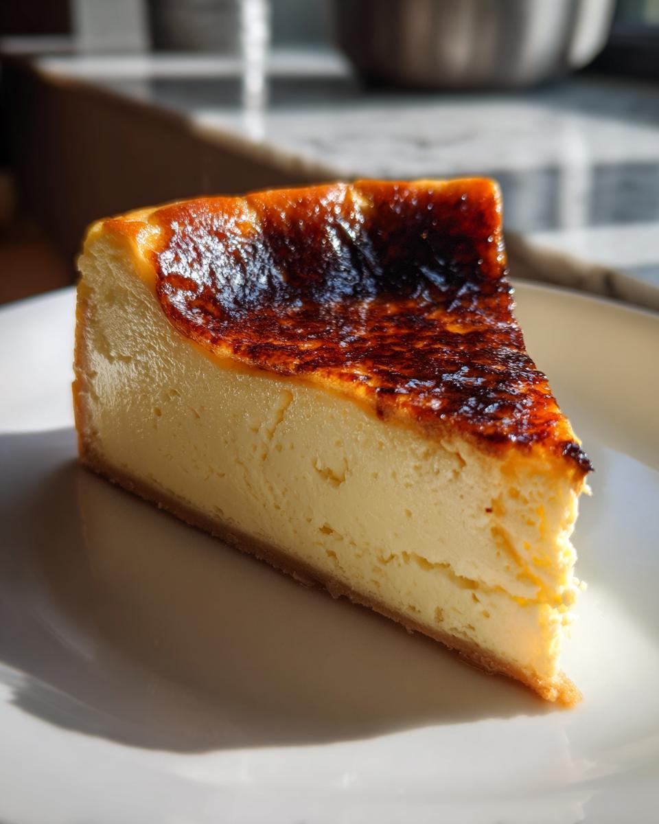 A close-up slice of creamy creme brulee cheesecake featuring a dark, caramelized, torched top.