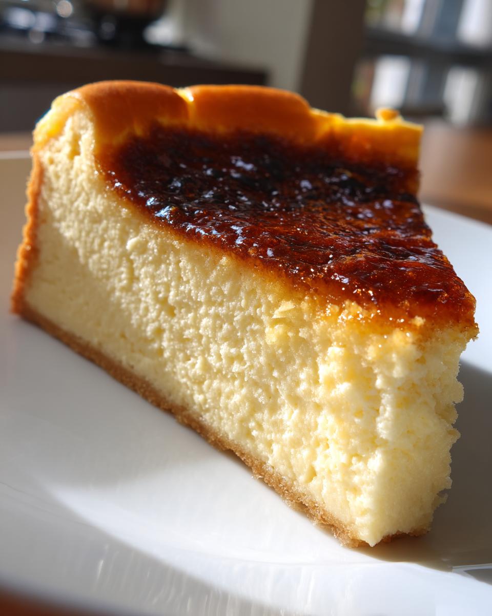 A close-up of a thick slice of creme brulee cheesecake showing its creamy texture and dark, caramelized sugar topping.