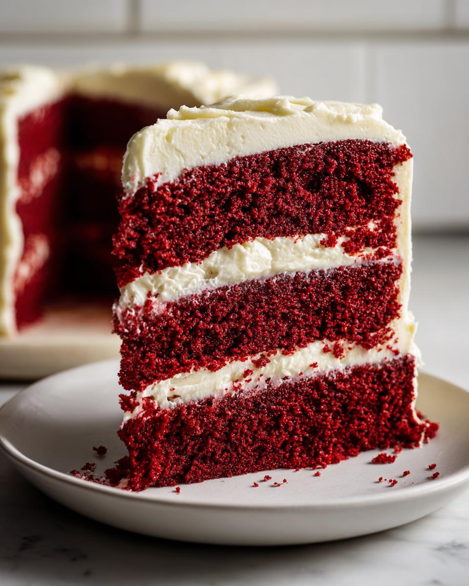 Close-up of a tall slice of moist red velvet cake with three layers and thick cream cheese frosting.
