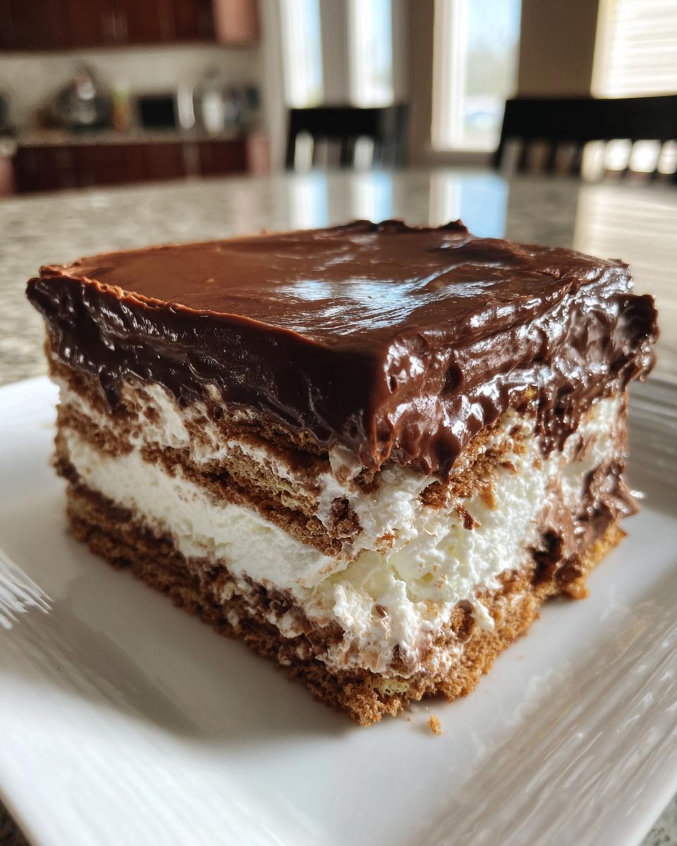 A square slice of layered eclair cake featuring graham crackers, white cream filling, and rich chocolate frosting.