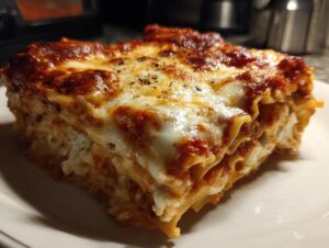Close-up of a cheesy, baked slice of lazy lasagna showing layers of pasta, sauce, and ricotta filling.