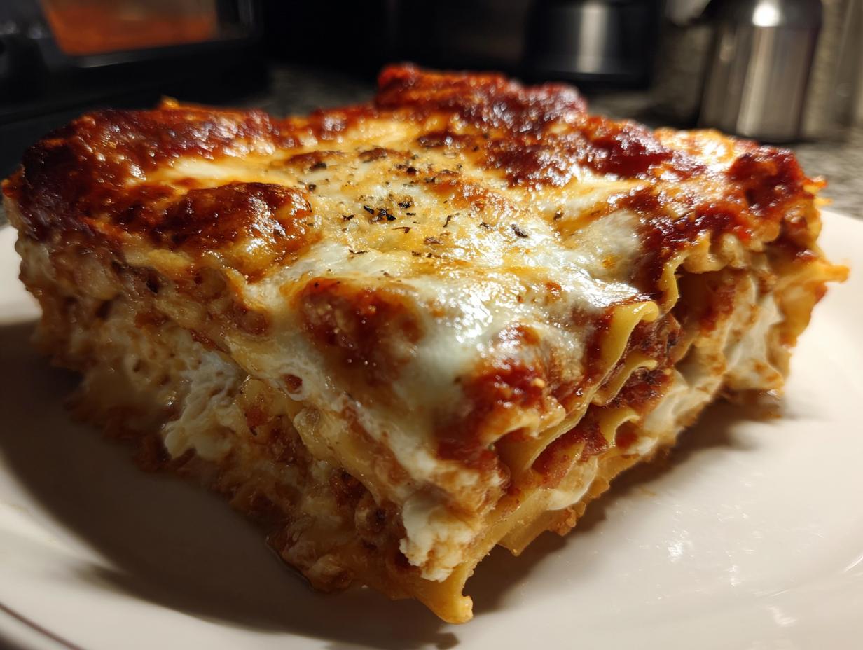 Close-up of a cheesy, baked slice of lazy lasagna showing layers of pasta, sauce, and ricotta filling.