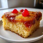 A moist slice of pineapple upside down cake topped with caramelized pineapple and bright red maraschino cherries.
