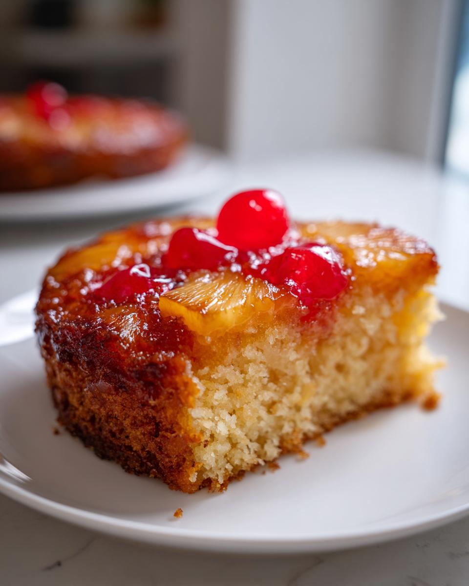 Close-up of a moist slice of pineapple upside down cake topped with caramelized pineapple and bright red maraschino cherries.