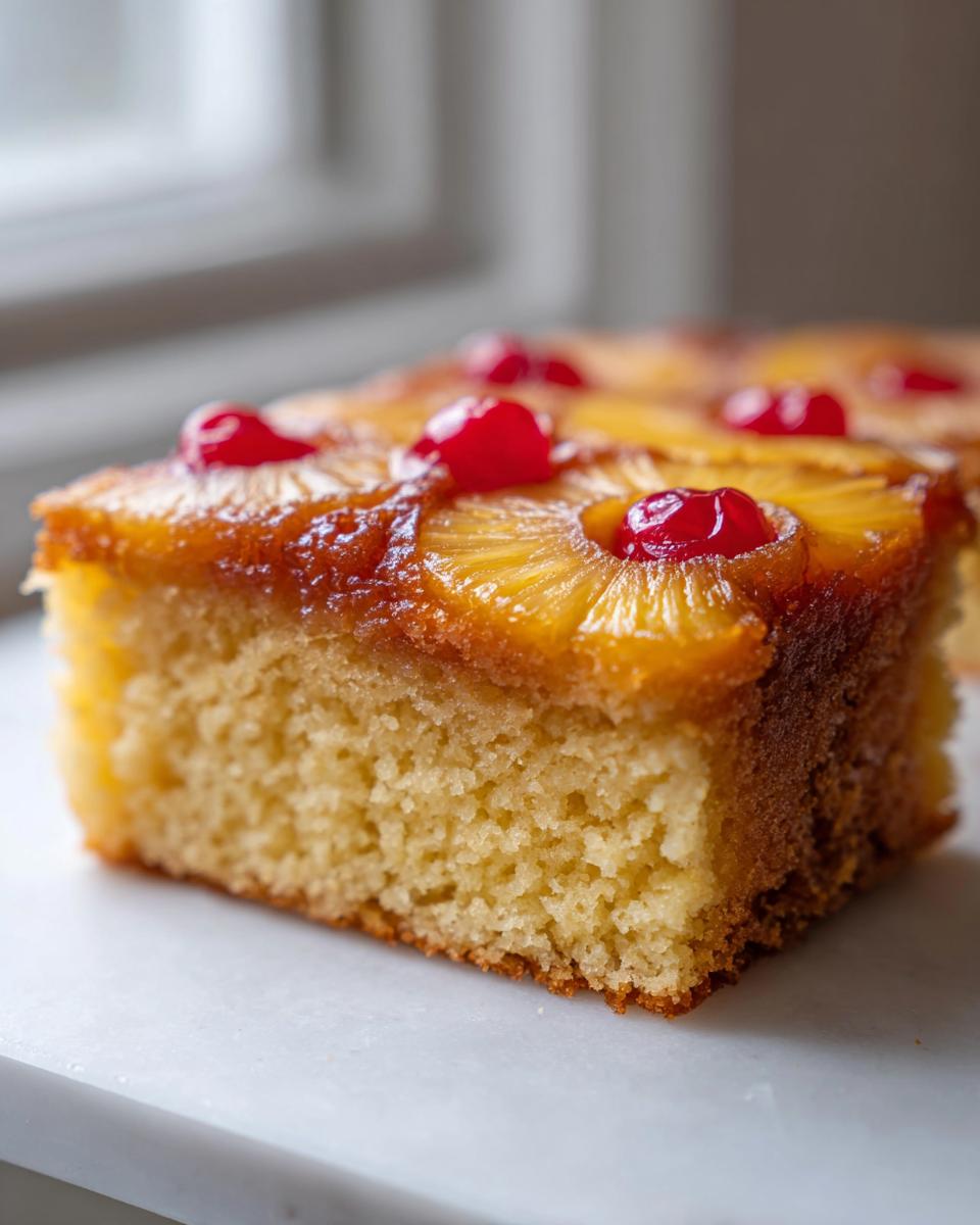 Close-up of a moist slice of pineapple upside down cake showing the fluffy yellow cake base and caramelized pineapple topping with maraschino cherries.