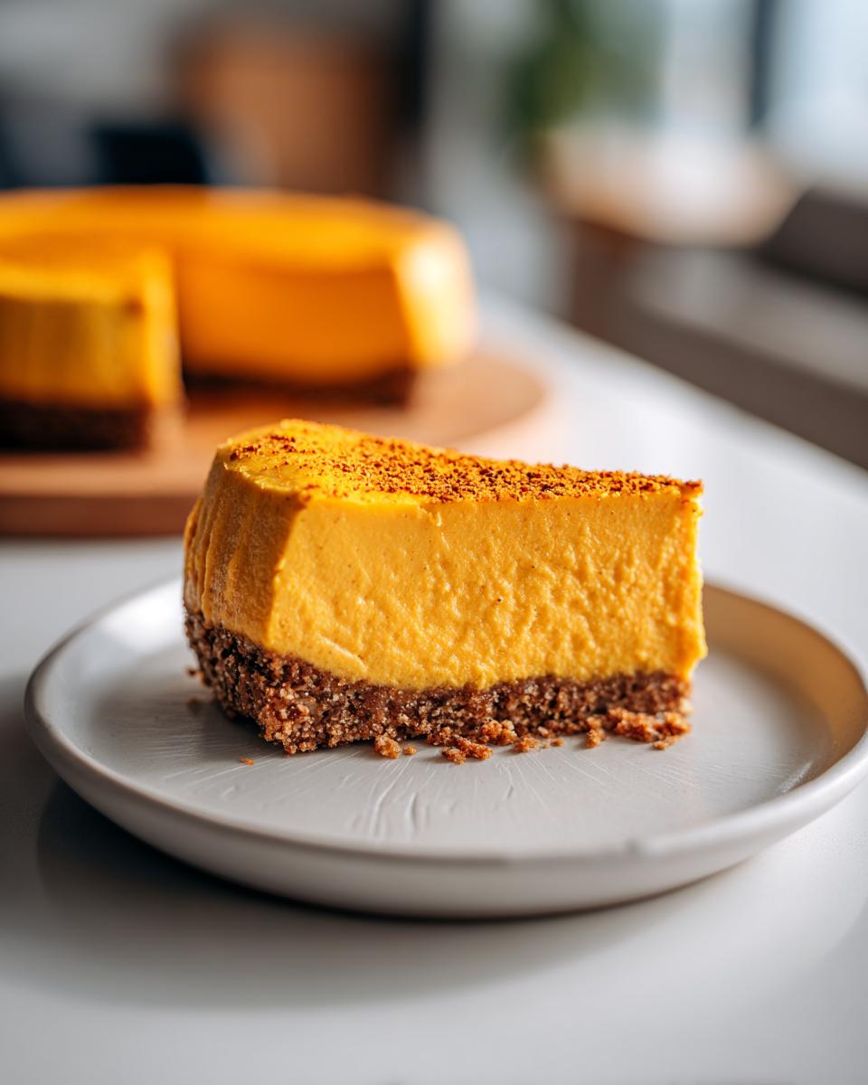 A close-up of a rich, orange slice of pumpkin cheesecake with a dark crumb crust, sprinkled with spice.