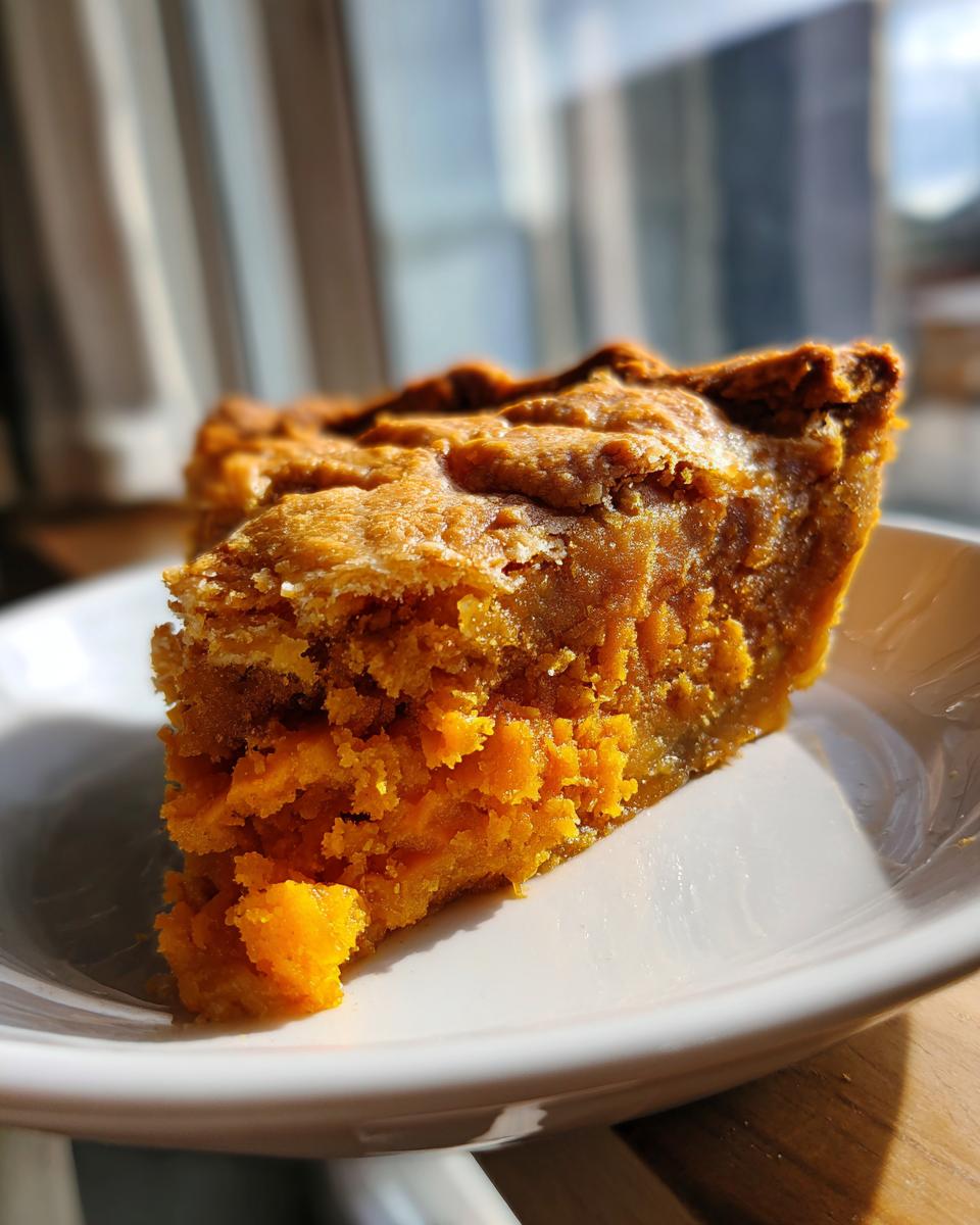 Close-up of a thick slice of amazing sweet potato cobbler with a crumbly topping on a white plate.