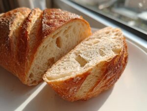 Close-up of sliced Italian bread showing the airy crumb and golden, crusty exterior.