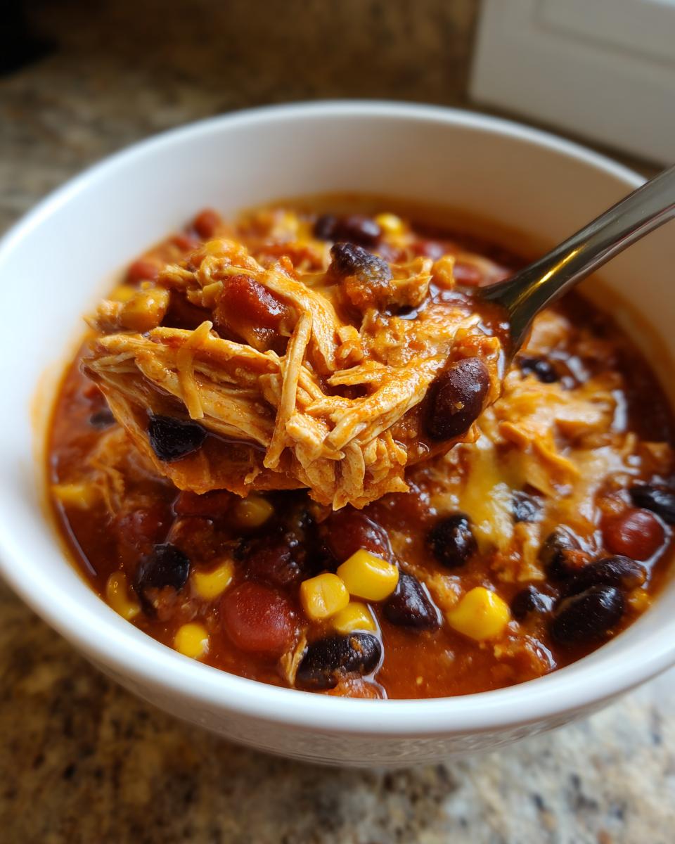 A spoonful of shredded chicken, black beans, and corn lifted from a bowl of slow cooker buffalo chicken chili.