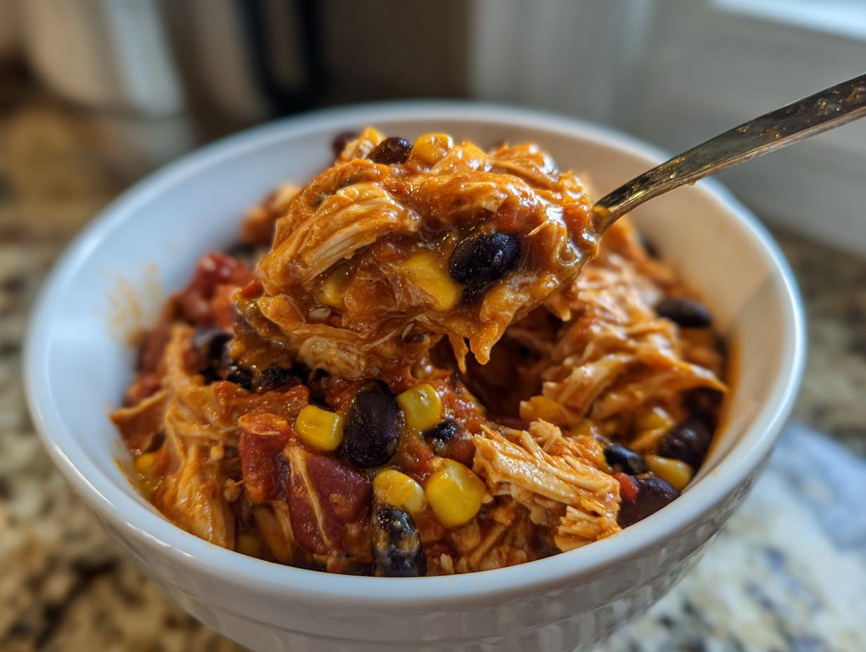 A spoonful of shredded chicken, black beans, and corn from a bowl of slow cooker buffalo chicken chili being lifted.