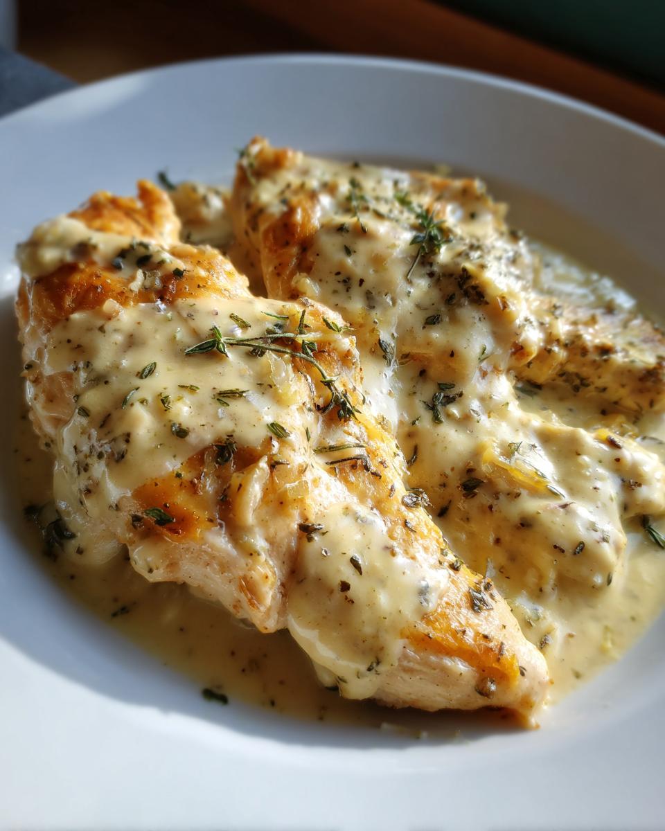 Two golden-brown chicken breasts covered in a rich, creamy sauce, garnished with herbs, representing slow cooker garlic parmesan chicken.