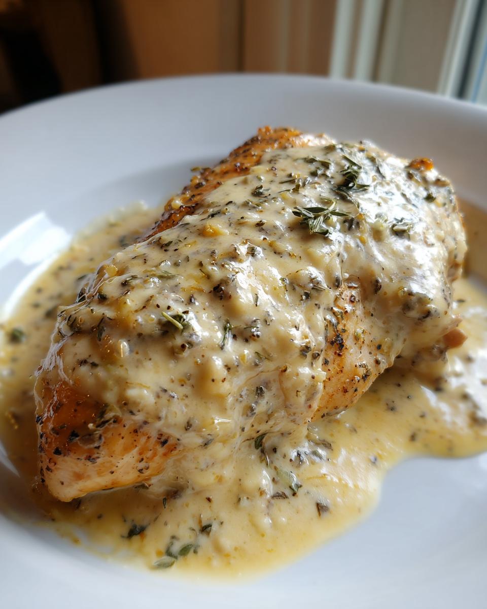 A close-up of a perfectly cooked chicken breast smothered in creamy garlic parmesan sauce and herbs.