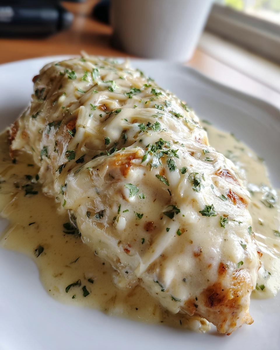 A close-up of a juicy chicken breast smothered in creamy garlic parmesan sauce and melted cheese, topped with parsley.