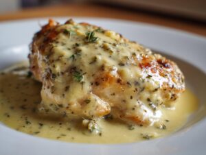 A close-up of a juicy chicken breast covered in creamy garlic parmesan sauce and fresh thyme.