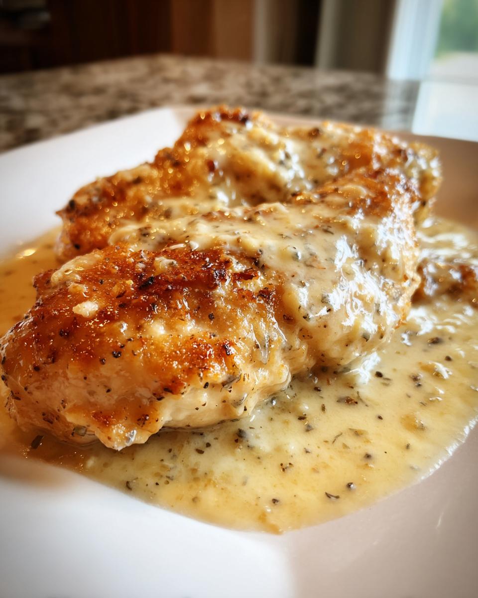 Two golden-brown chicken breasts covered in creamy garlic parmesan sauce, the star of slow cooker garlic parmesan chicken.