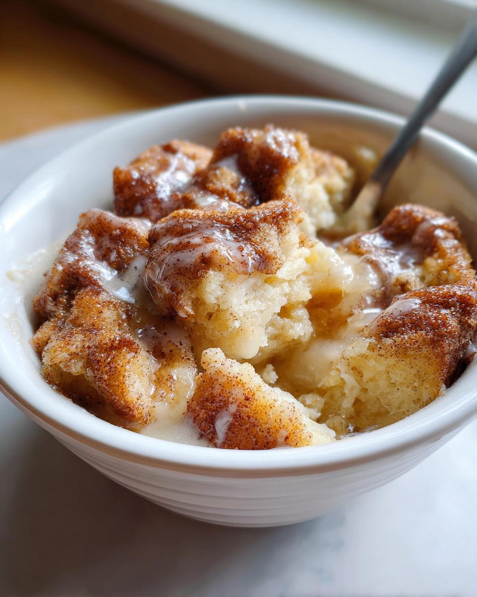 Close-up of a warm serving of snickerdoodle cobbler topped with a sweet vanilla glaze in a white bowl.
