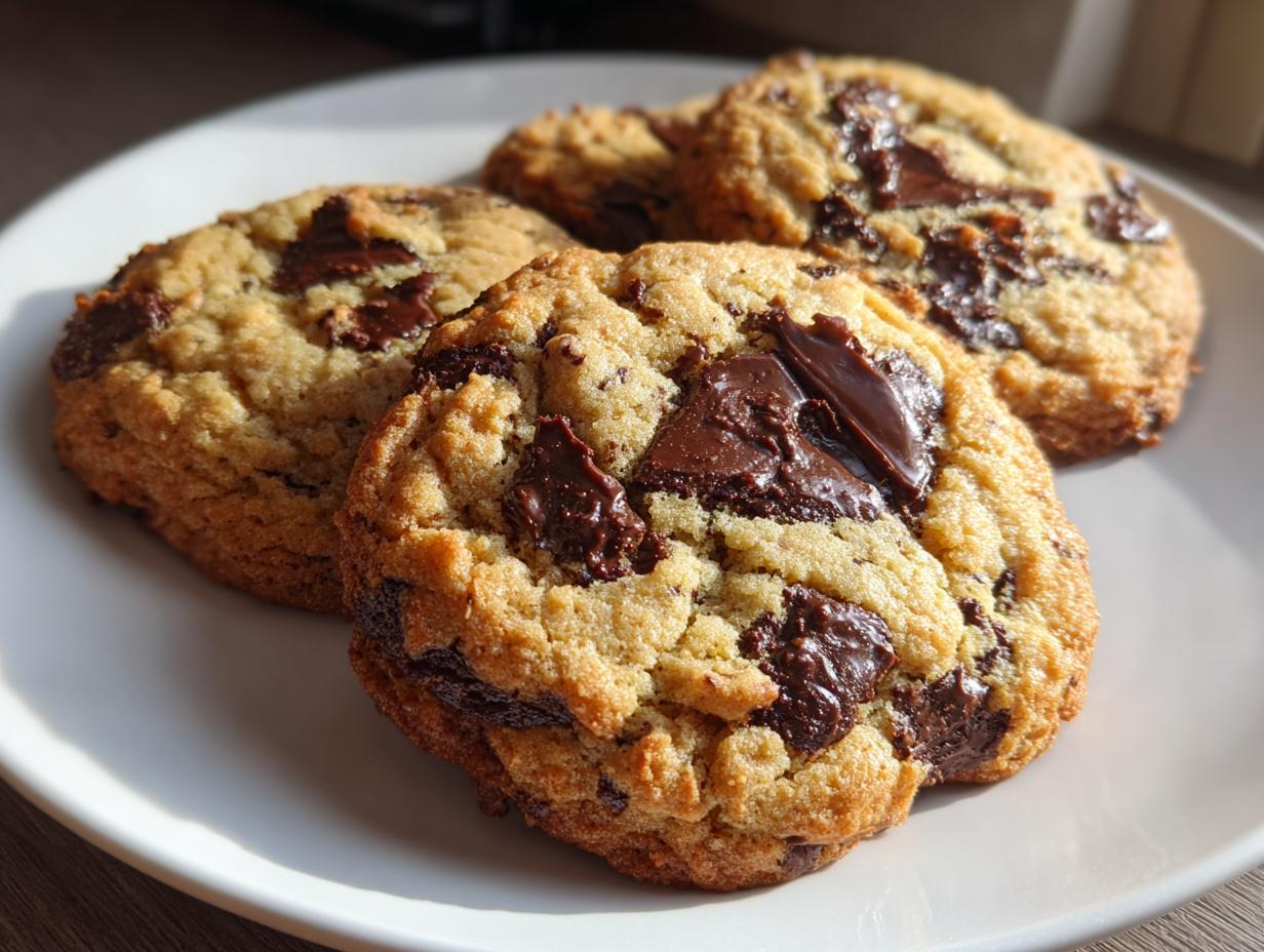 Close-up of three thick, golden sourdough chocolate chip cookies loaded with melted chunks of dark chocolate on a white plate.