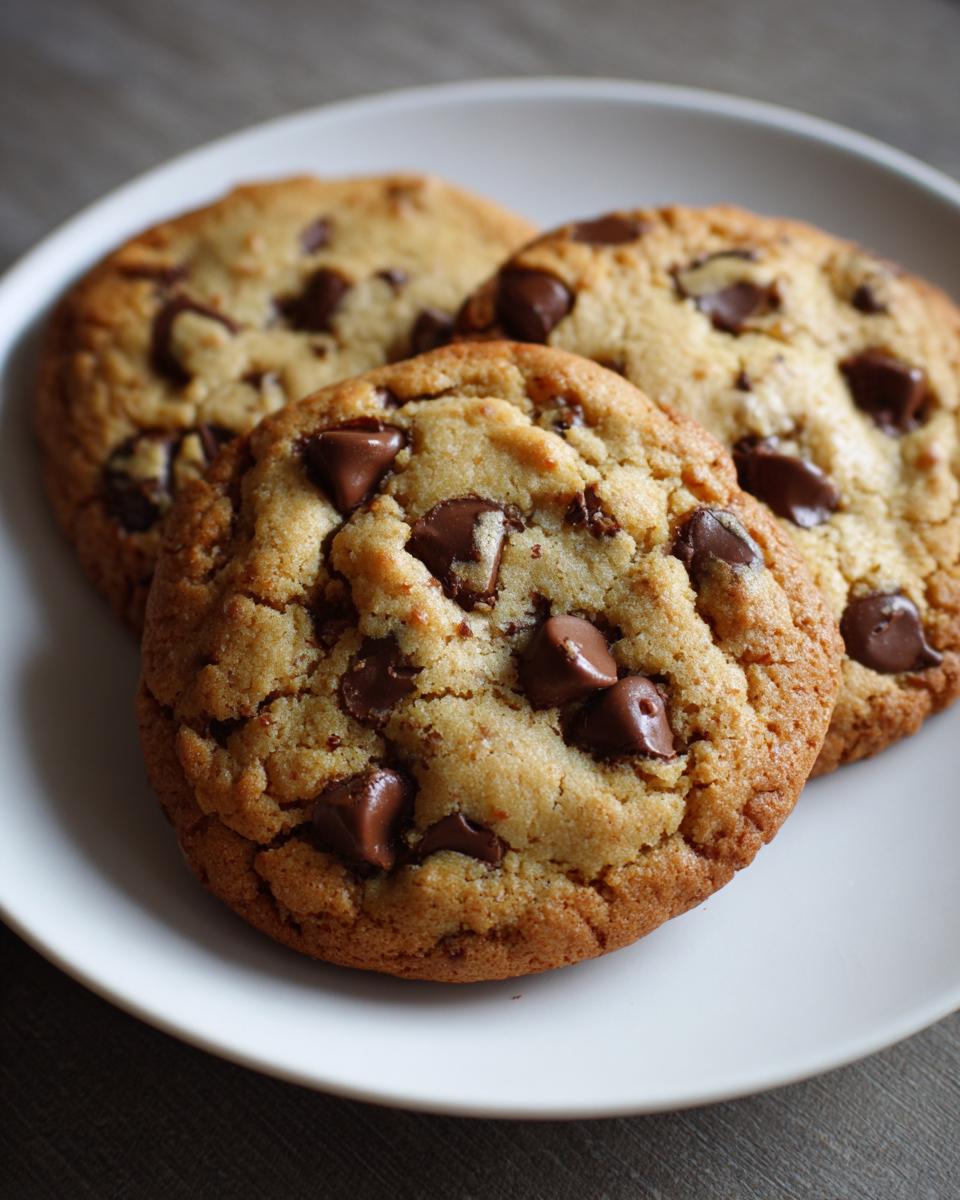 Close-up of three golden-brown sourdough chocolate chip cookies loaded with melted chocolate chunks on a white plate.