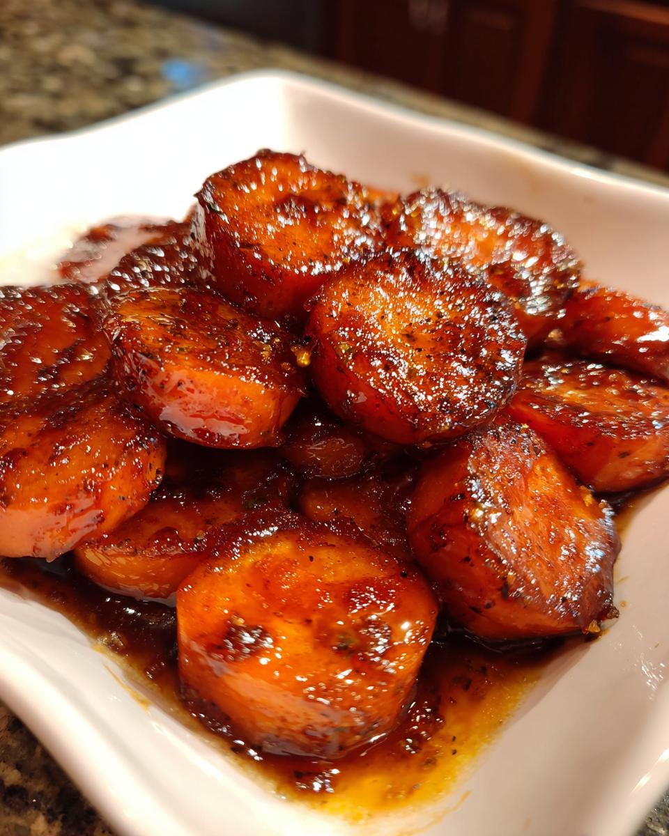 Close-up of thick-cut, glazed southern candied yams swimming in a rich, dark syrup in a white serving dish.