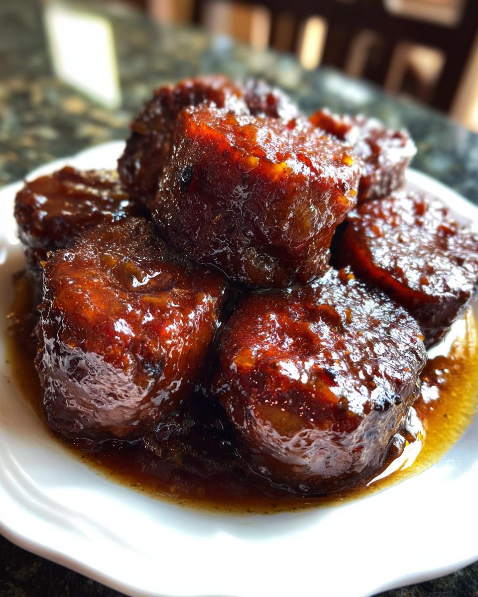 A close-up of several thick, round slices of southern candied yams glistening with a rich, dark brown glaze on a white plate.